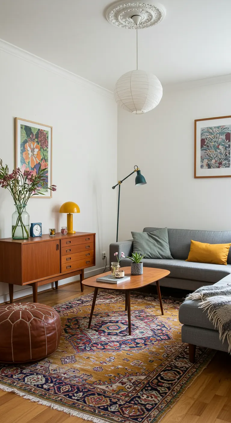 Mid-century credenza and grey sofa with a vibrant, patterned rug and a mustard table lamp.