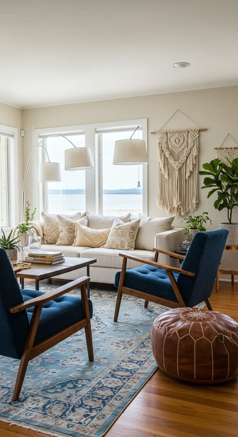 Bohemian-style living room with navy Mid-Century Modern chairs and a macrame wall hanging.