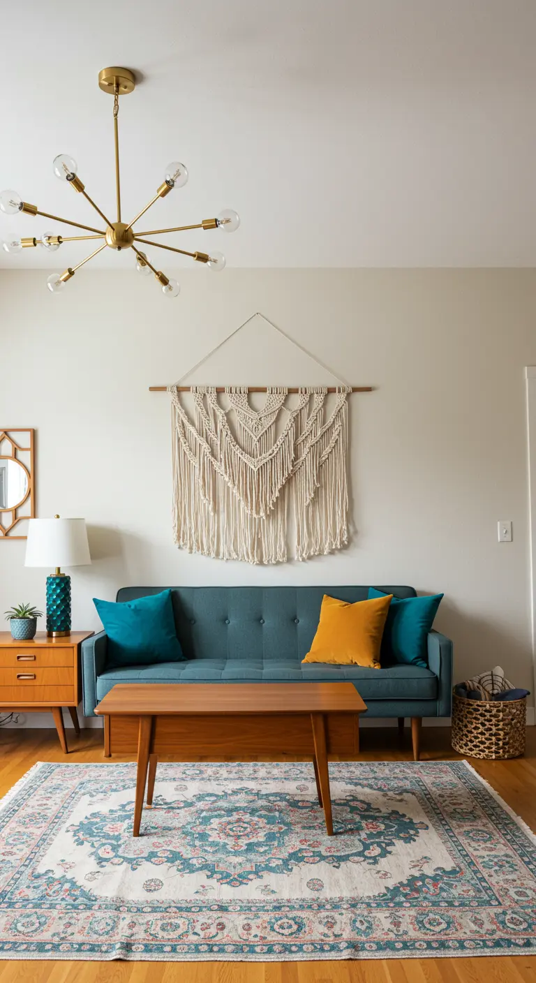 Mid-century modern living room with a teak coffee table, blue sofa, and a macramé wall hanging.