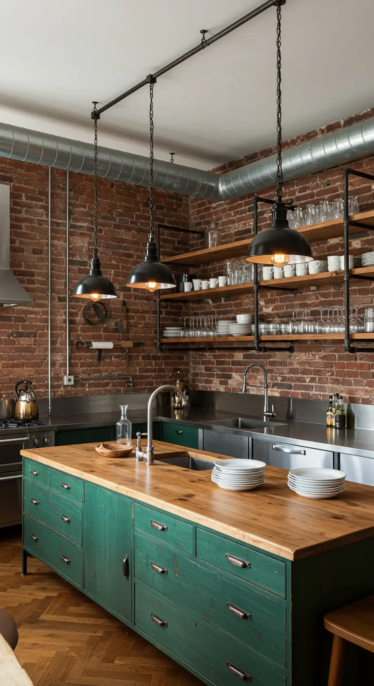 Industrial kitchen with a green island, brick wall, and pipe shelving.