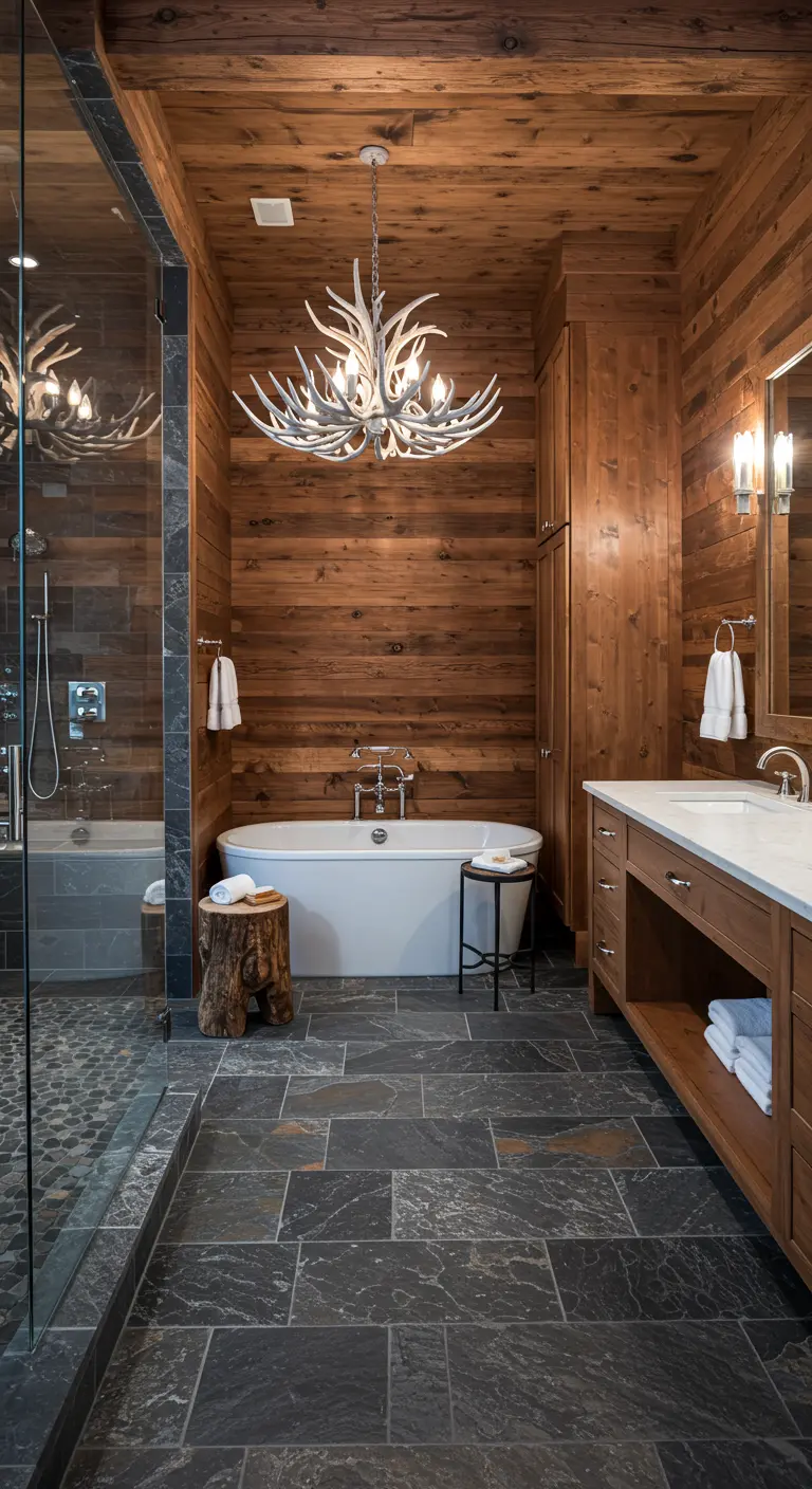 Modern rustic bathroom with wood walls, slate floor, a white tub, and a white antler chandelier.