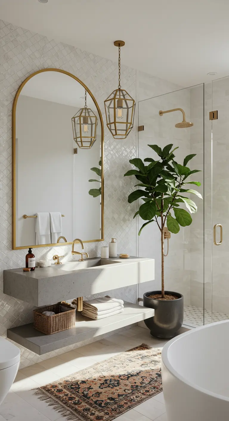 Modern bathroom with white zellige tiles, a concrete vanity, and an arched mirror.