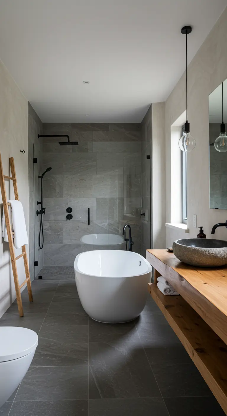 Modern bathroom with a freestanding tub, wood vanity, and a bamboo ladder for towels.