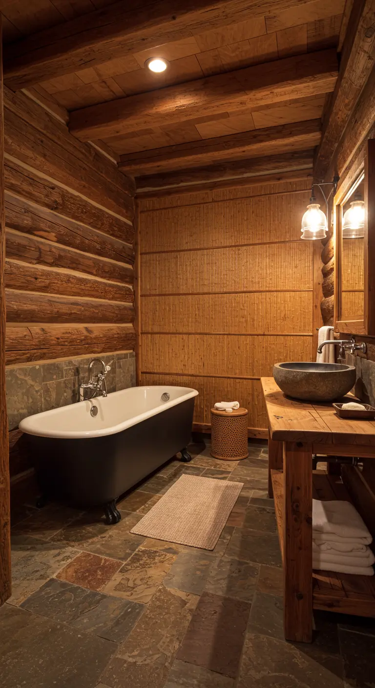 Log cabin bathroom with a dark clawfoot tub, a bamboo screen wall, and a stone basin.