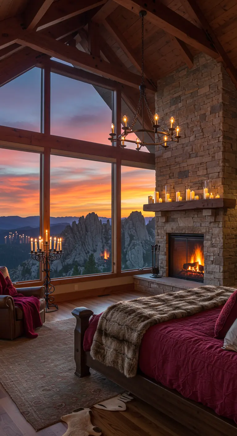 Bedroom with a high ceiling, stone fireplace, and window view of a dramatic sunset.