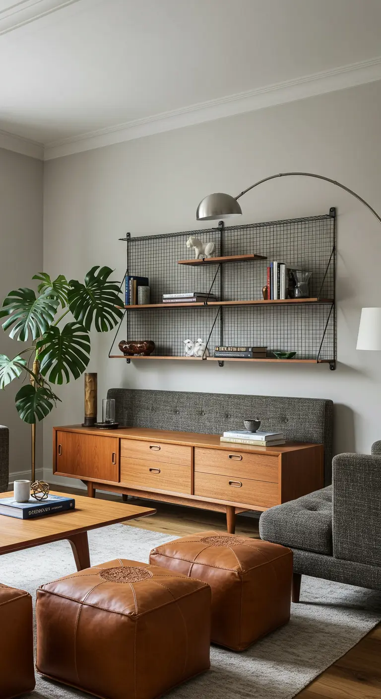 Mid-century modern credenza below a black wire grid shelf, with leather poufs in front.