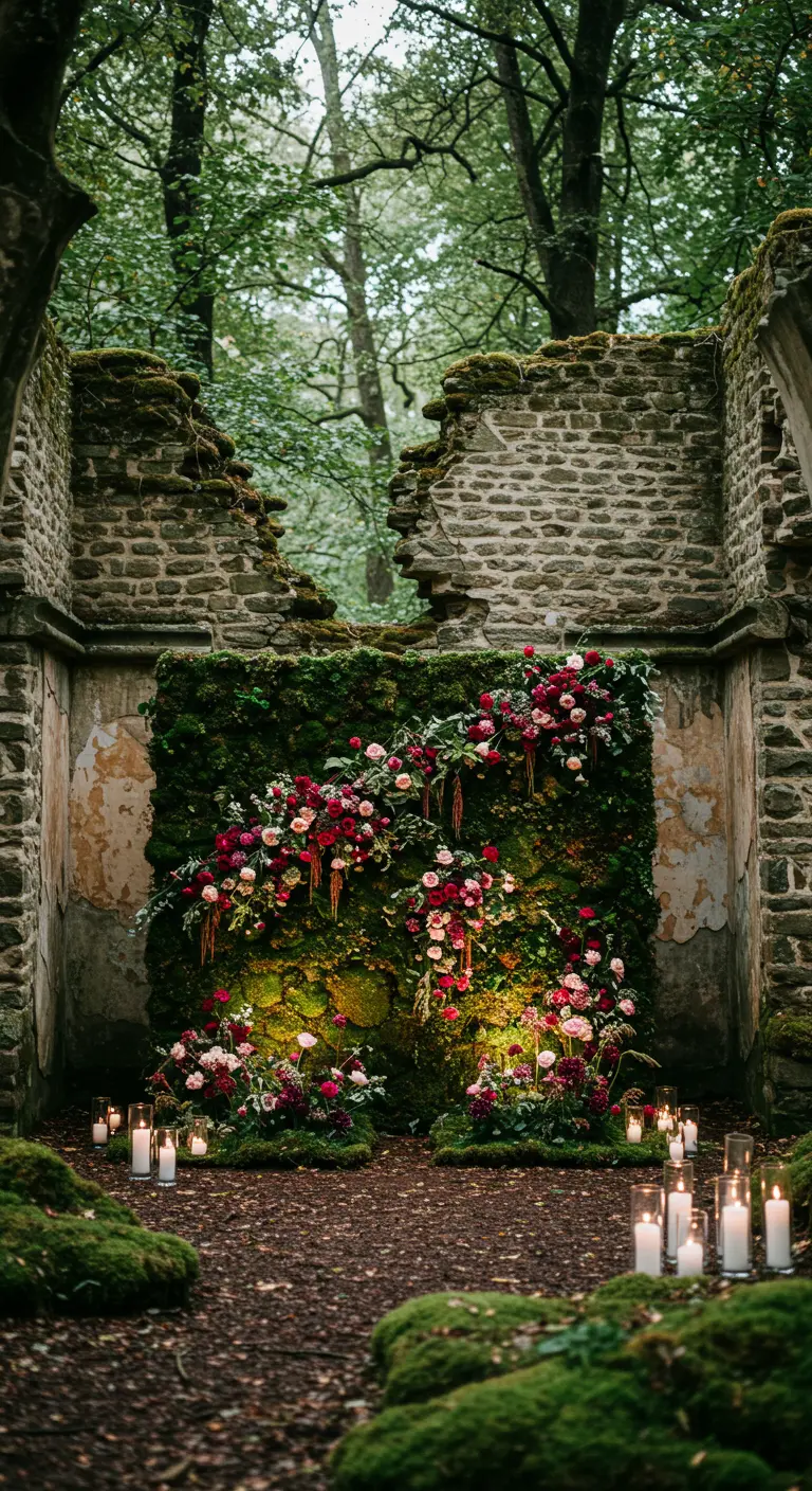 A lush flower and moss installation set against weathered, ancient stone ruins.