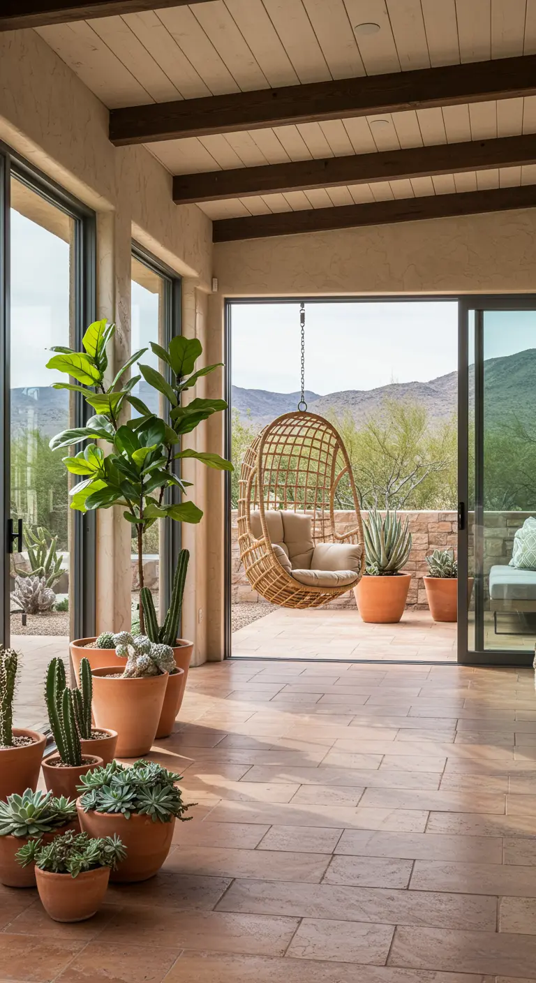 A sunroom with terracotta tile floors opens to a patio with a hanging wicker chair and cacti.