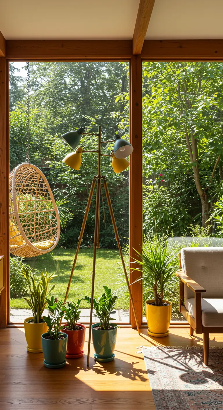 Sun-filled room with a hanging chair, tripod lamp, and many potted plants.