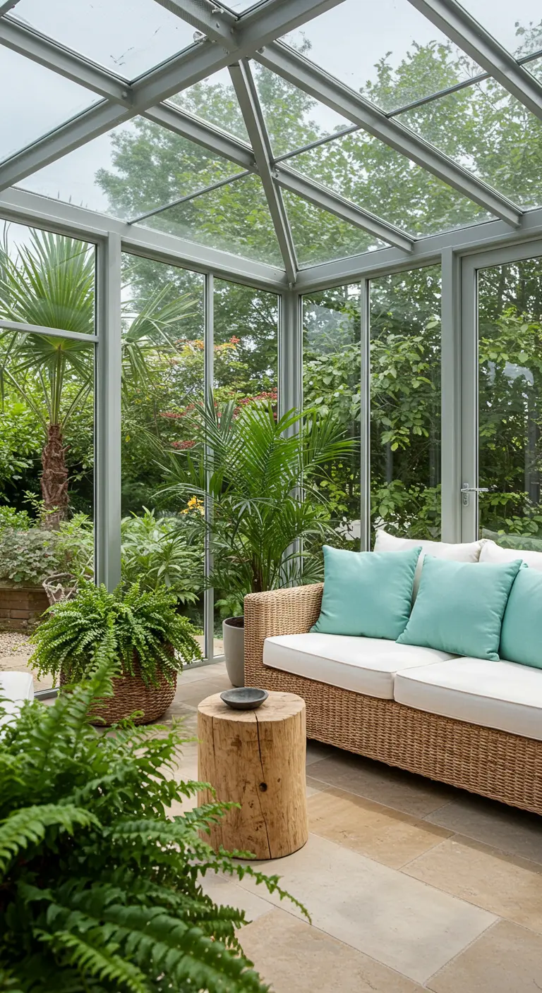 A sunroom filled with plants, featuring a wicker sofa with aqua pillows and a wood stump table.