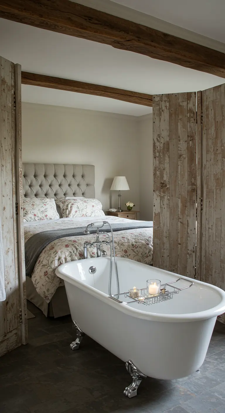 A clawfoot tub sits in a bedroom suite, framed by weathered, rustic wooden doors.