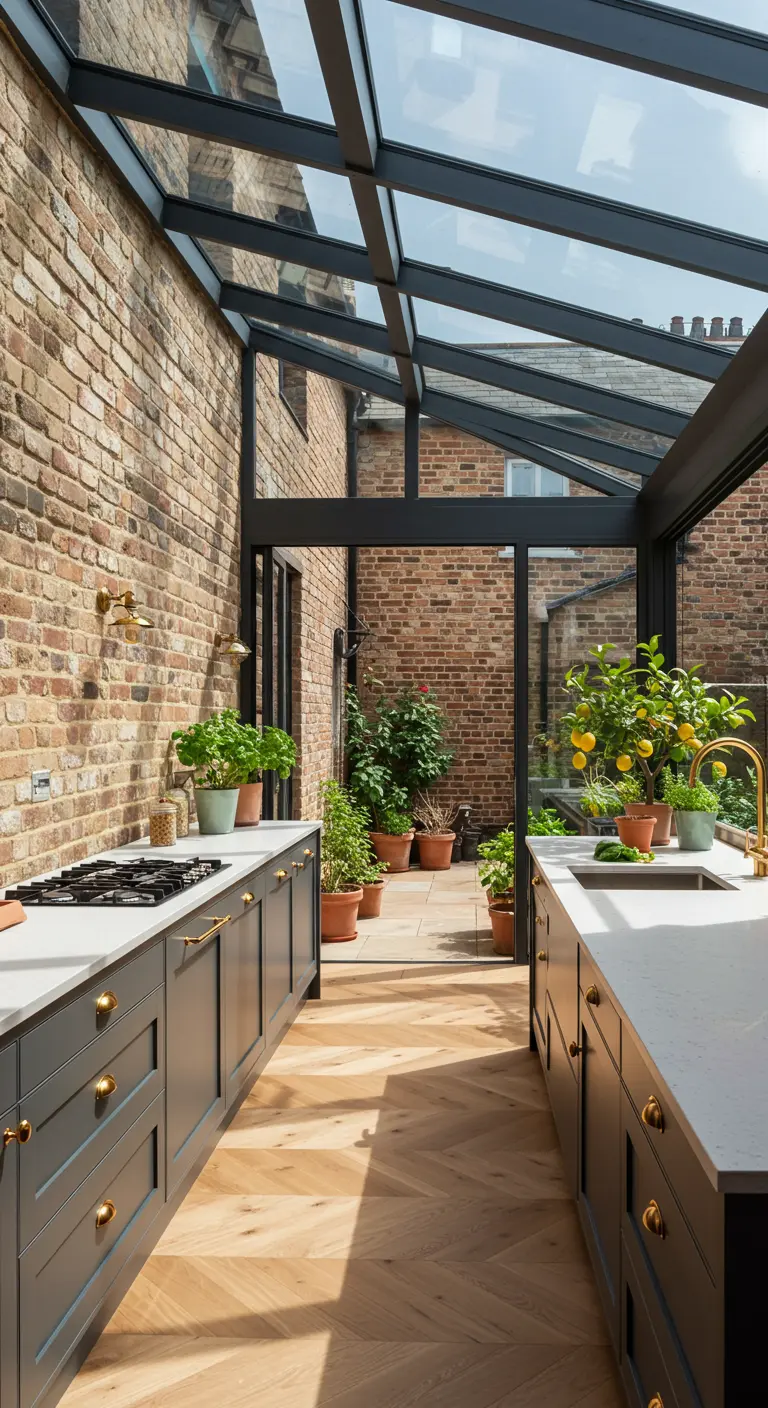 A galley kitchen with a glass roof and a brick wall that continues into an outdoor patio.