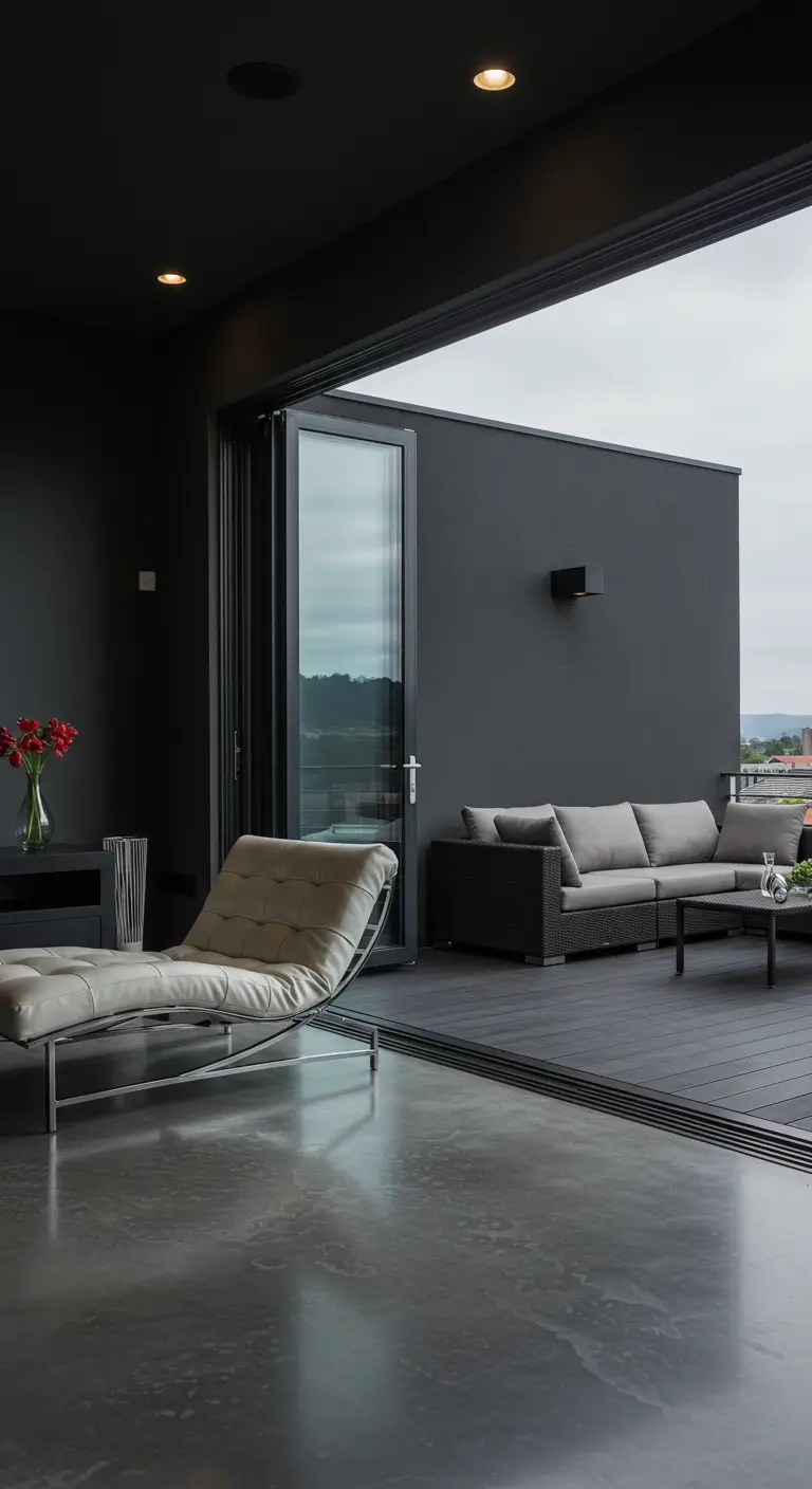 A dark living room with large open doors leading to a matching dark-toned outdoor terrace.