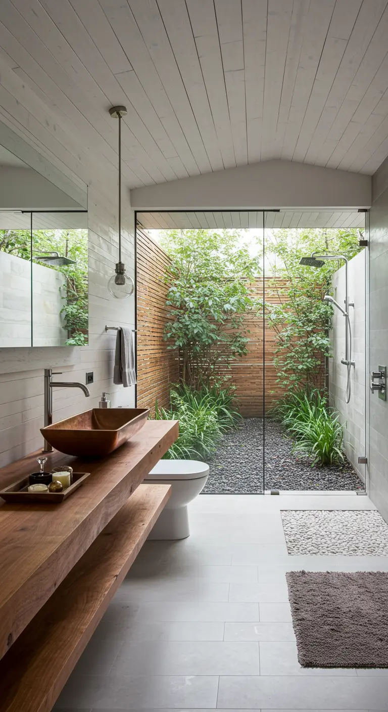 Bathroom with a glass wall opening to an outdoor shower and garden.
