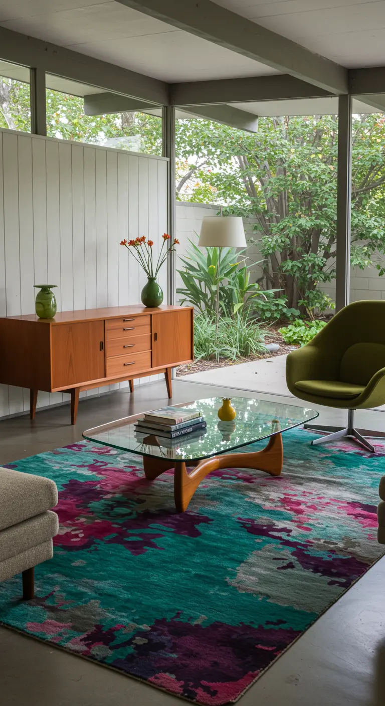 A living room with glass walls, a teak credenza, and a vibrant teal and magenta rug.