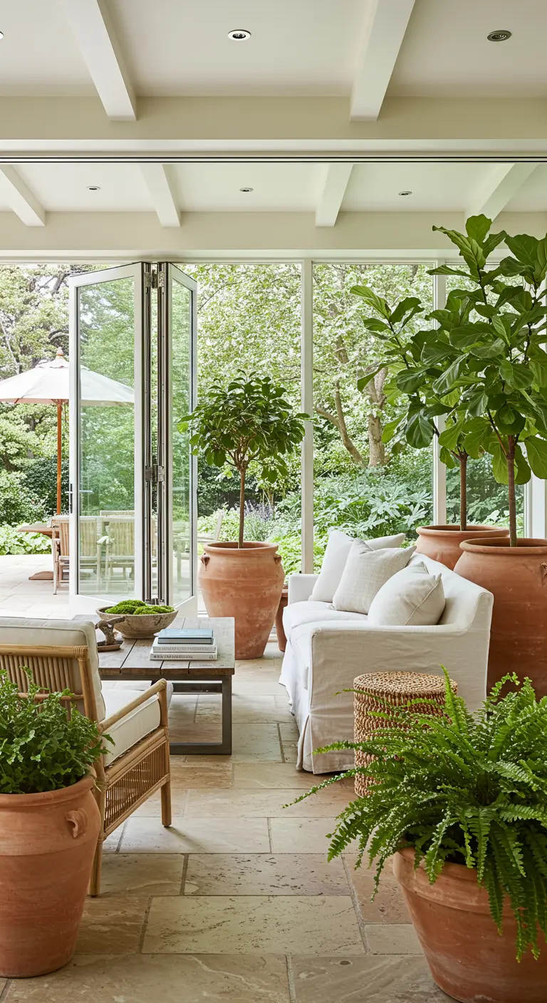 Sunroom filled with large terracotta pots, lush plants, and a comfortable white sofa.