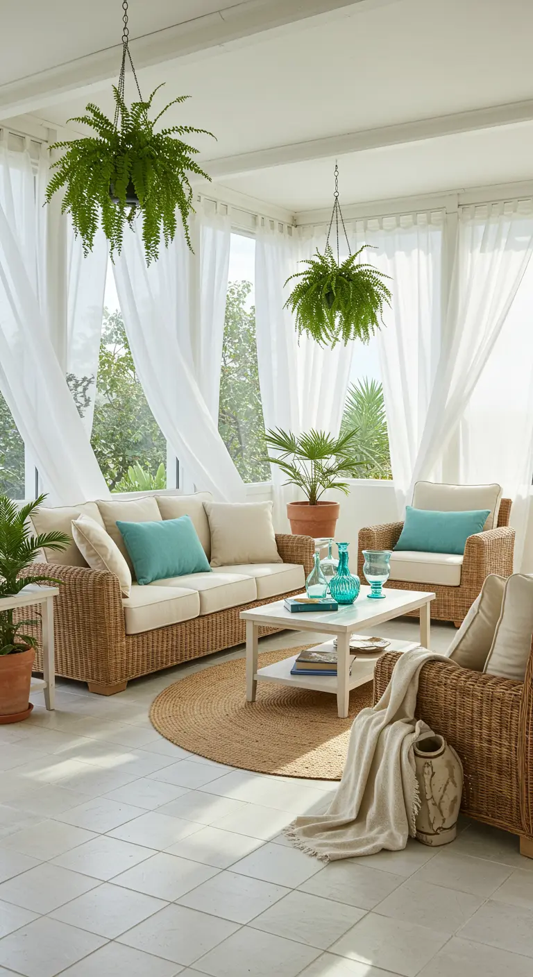 Sunroom with wicker furniture, hanging ferns, and floor-to-ceiling sheer white curtains.