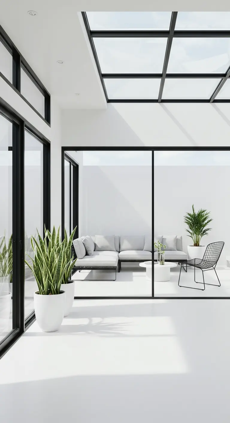 A bright, modern room with black-framed glass walls, a skylight, and white floors.