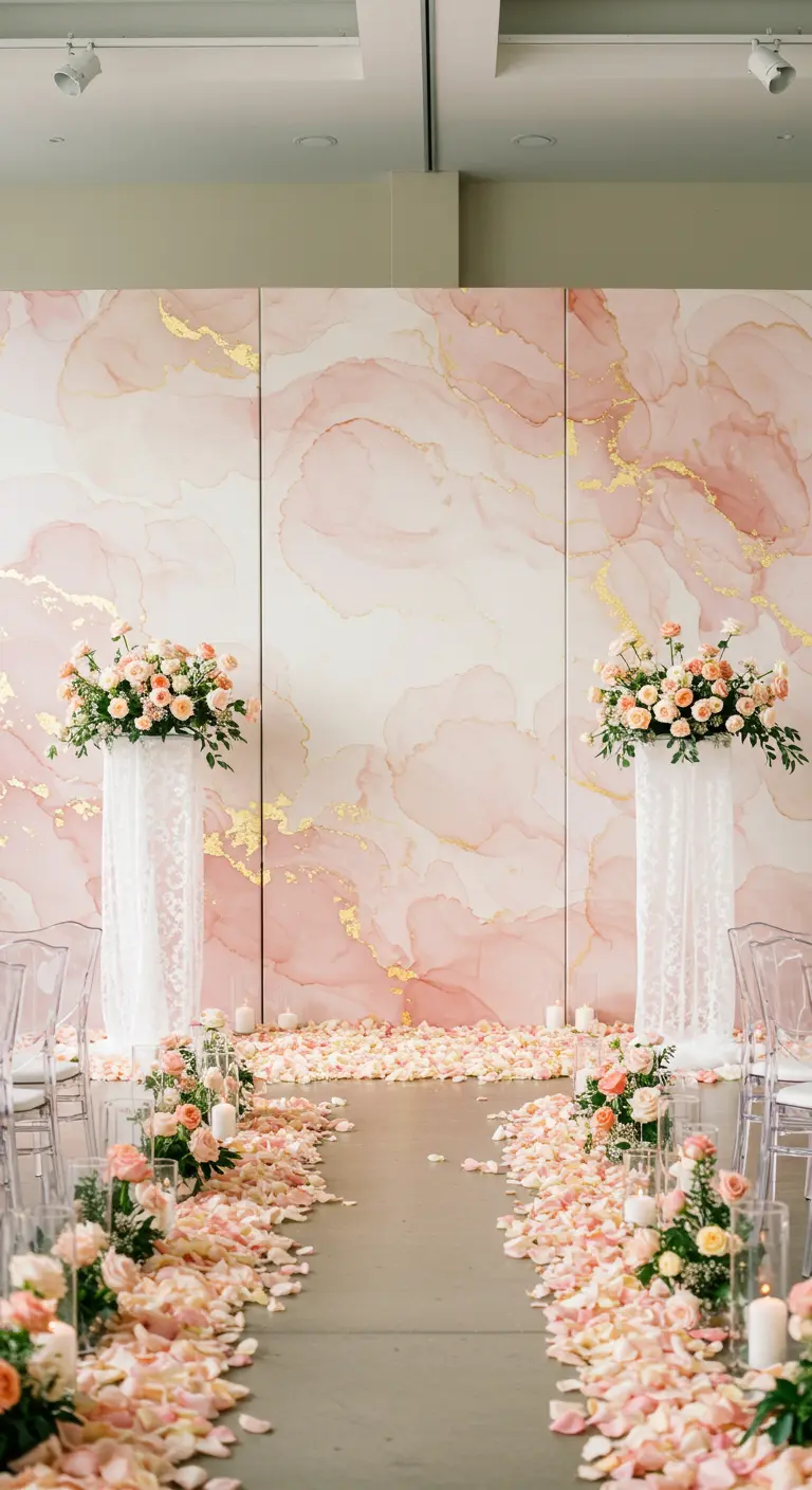 Backdrop of three blush and gold marble-effect panels flanked by floral pedestals.