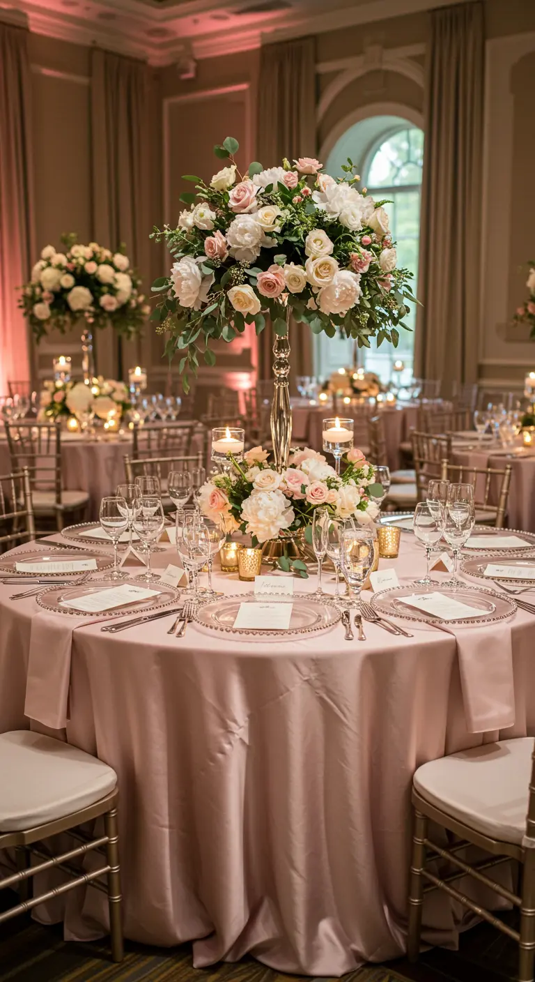 Round table with blush linens, gold chargers, and a tall floral centerpiece with pink and white roses.