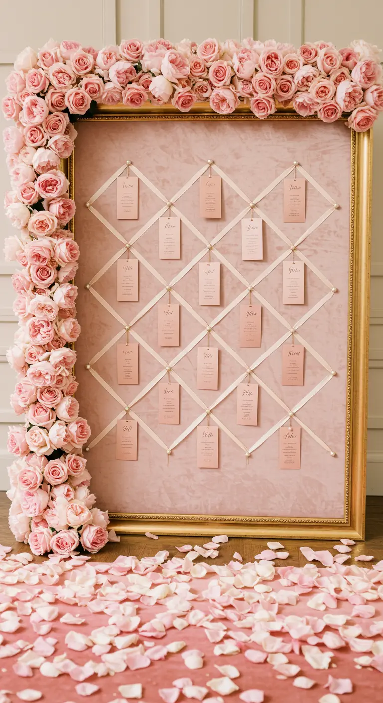 A blush velvet board in a gold frame with ribbons holding escort cards.