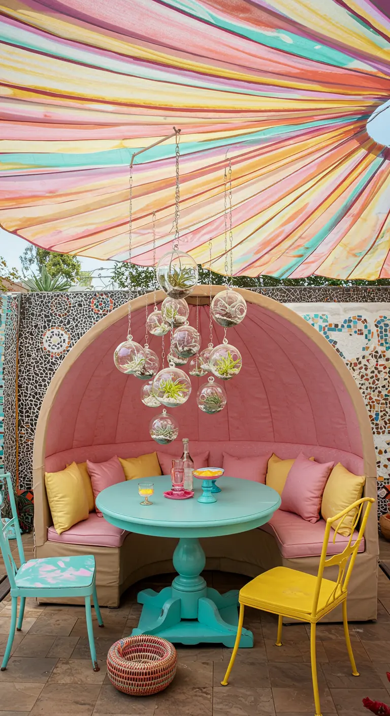 A colorful boho dining nook with multiple hanging glass globes containing air plants.