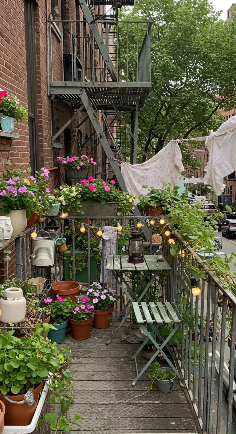 Overflowing urban balcony with numerous potted plants, string lights, and a vintage metal bistro set.
