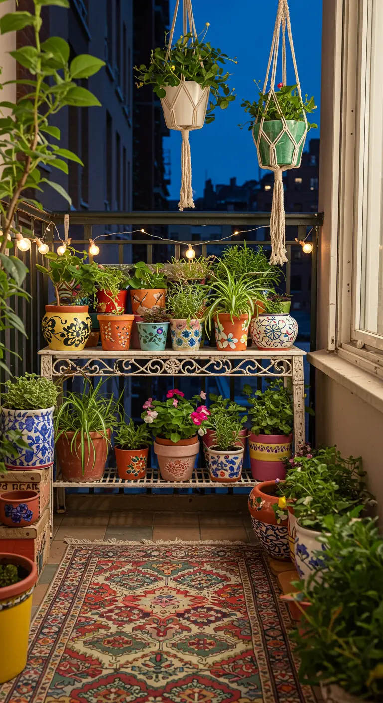 An eclectic mix of colorful planters on a white console on a balcony with string lights.