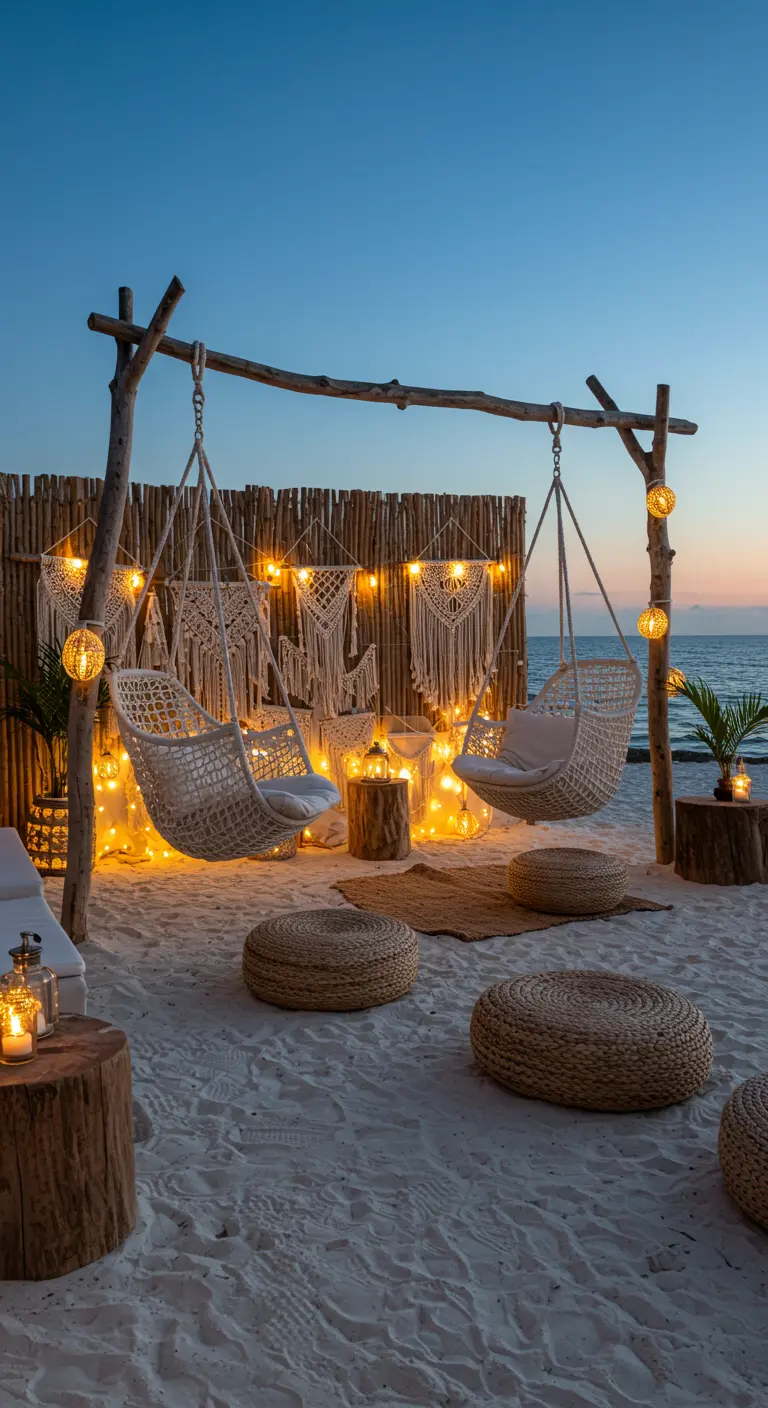 Macrame hanging chairs and woven poufs on a beach, lit by string lights on a wood frame.