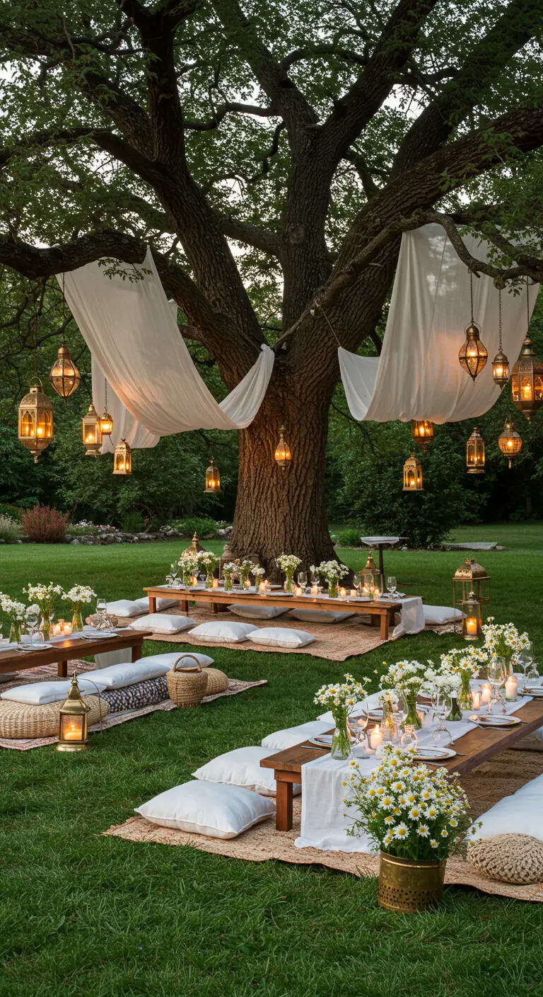 An outdoor picnic setup under a large tree with lanterns and white cushions.