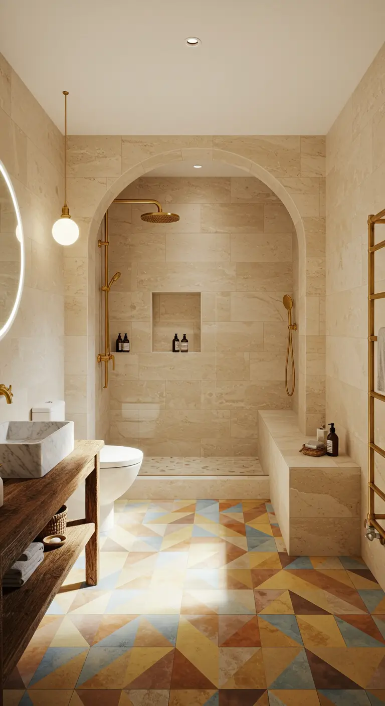Bathroom with colorful geometric floor tiles, a rustic wood vanity, and an arched shower.