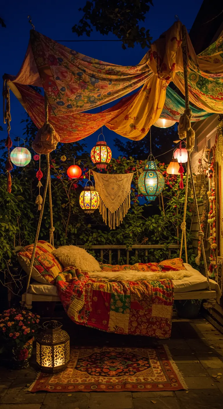 A porch swing decorated with colorful fabrics, a quilt, and paper lanterns.