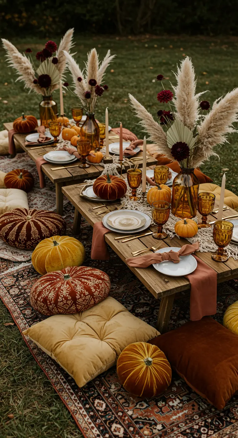 Low boho picnic table with velvet cushions, patterned rugs, and velvet pumpkins.
