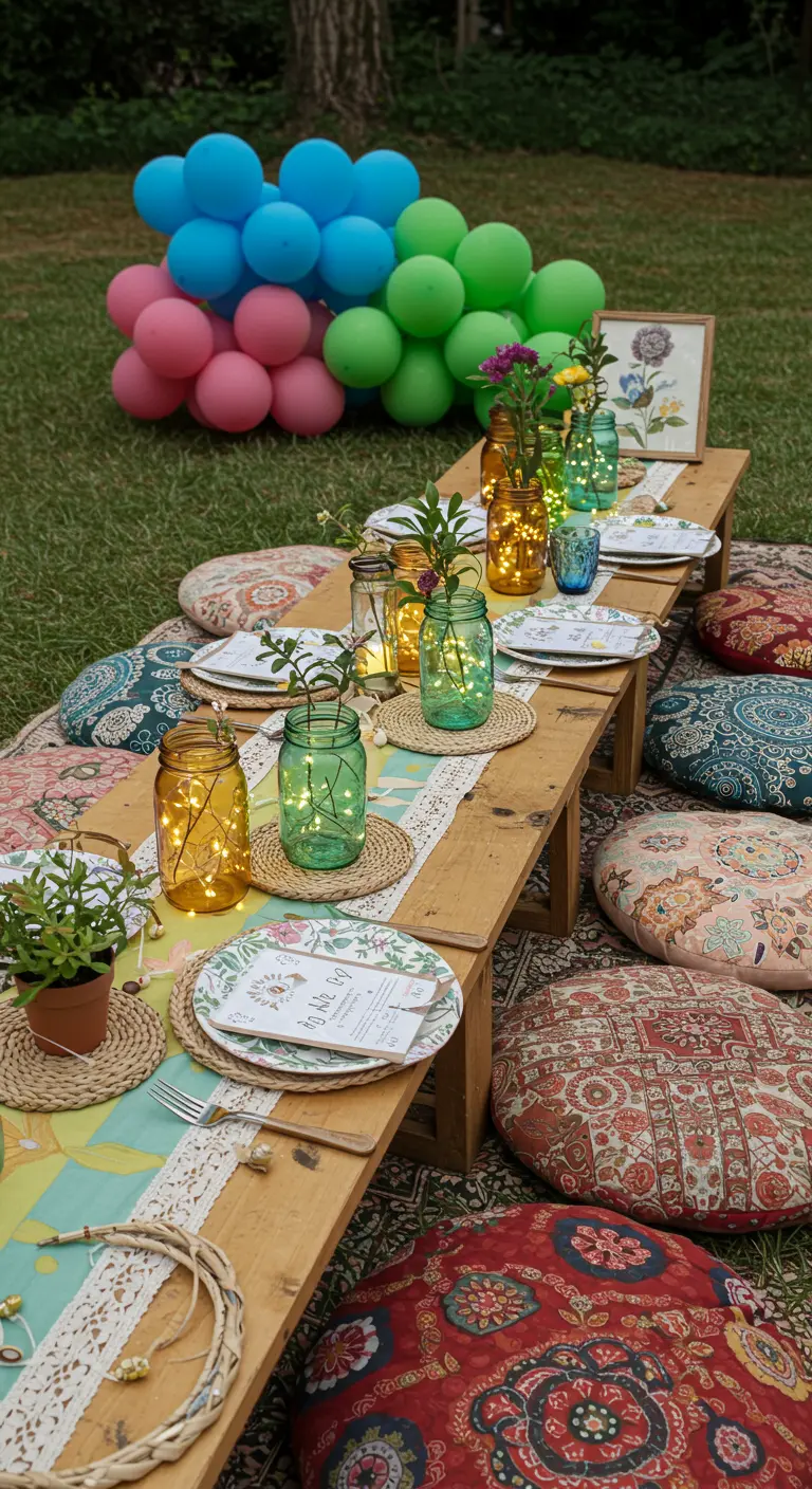 Low picnic table with colorful cushions, tinted mason jars, and lights.