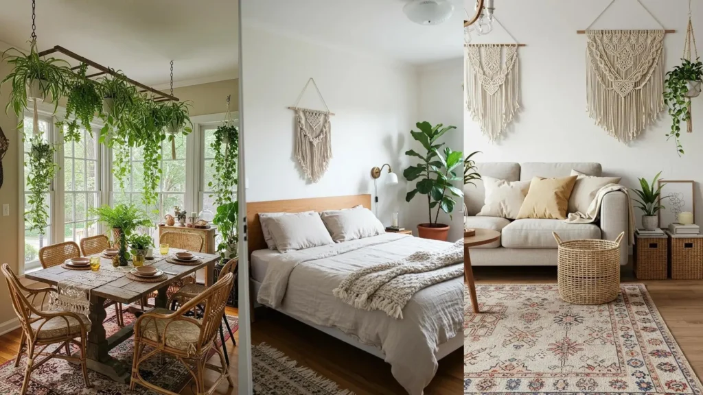 Bohemian home interior with layered textiles, macrame decor, and lush indoor plants in living room, bedroom, and dining area.