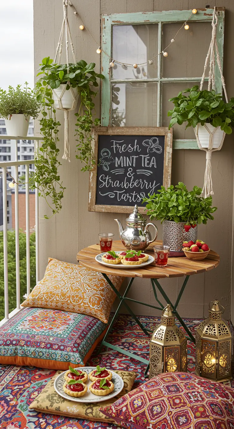 A boho balcony with macrame planters, floor cushions, and a mint tea serving set.