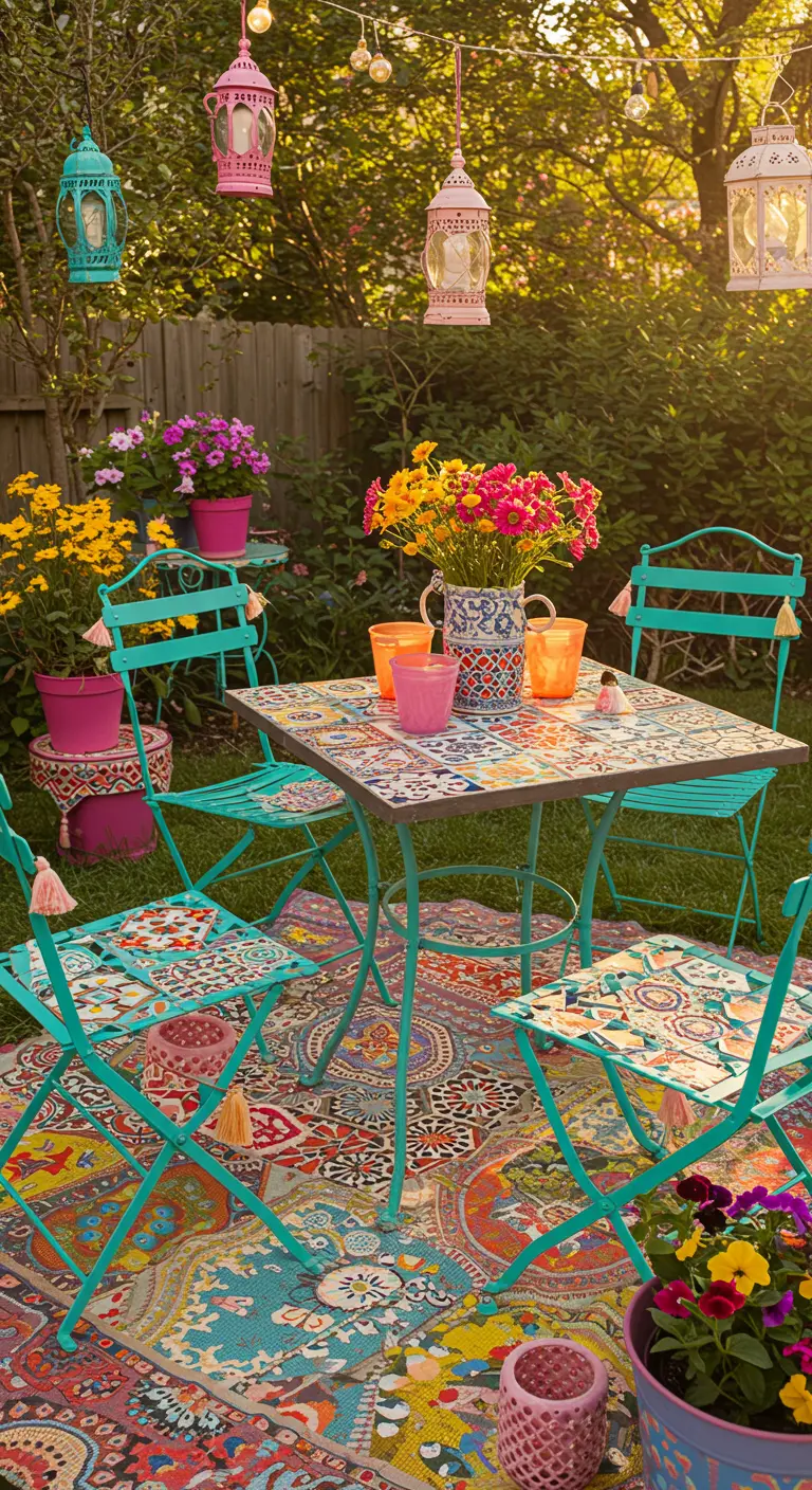 Colorful turquoise bistro set with mosaic seats on a patterned rug in a vibrant garden.