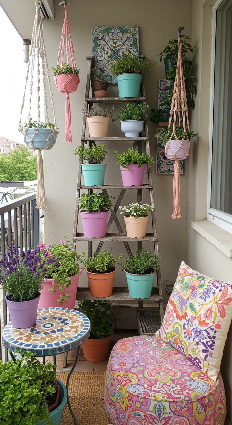 A colorful bohemian balcony with a ladder shelf and a mosaic table.