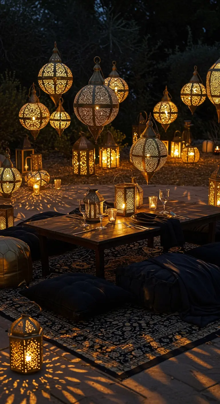 A low bohemian-style seating area outdoors with black cushions and dozens of glowing gold lanterns.