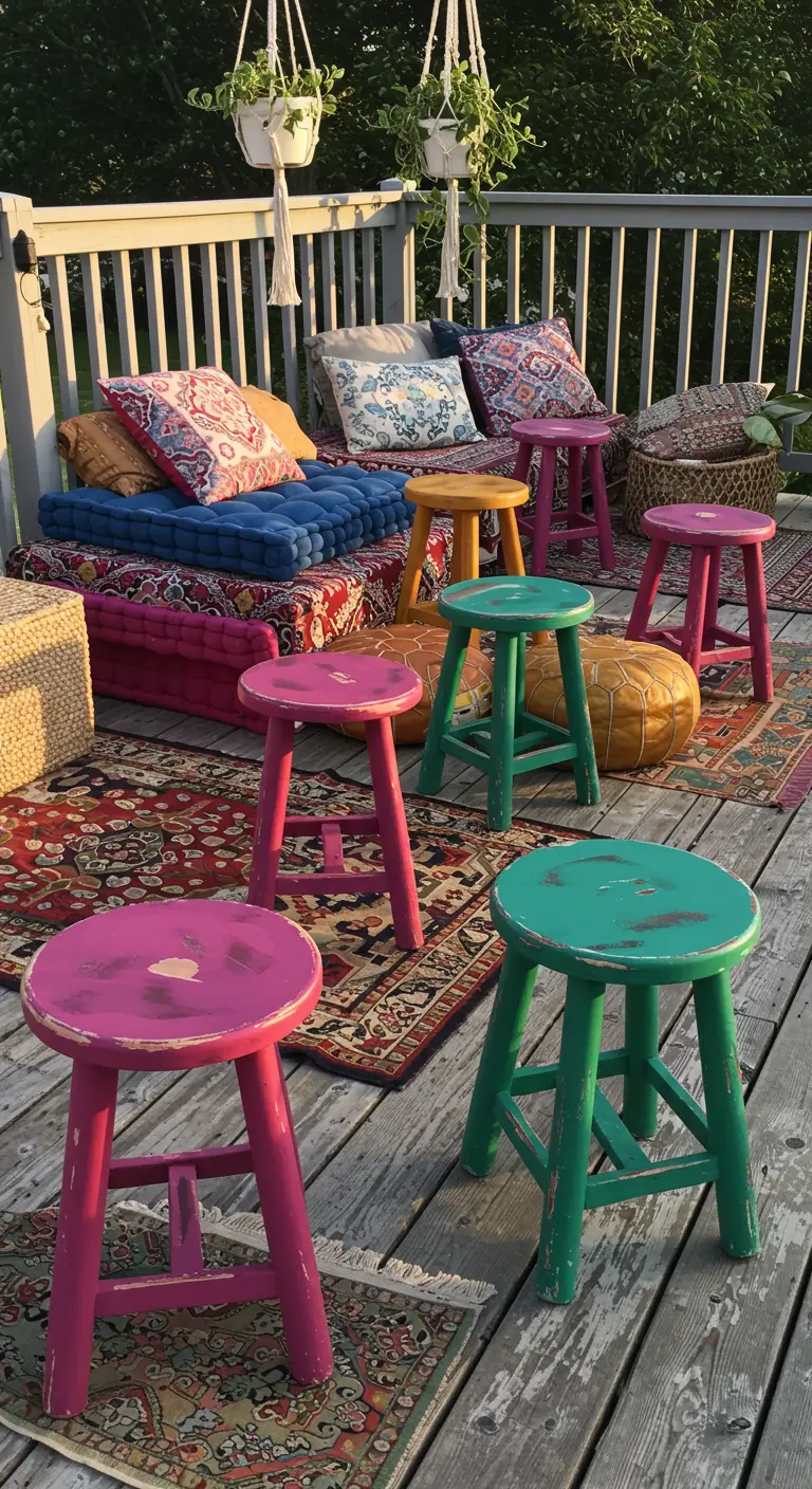Distressed pink and green painted stools on a wooden deck with layered bohemian rugs and cushions.
