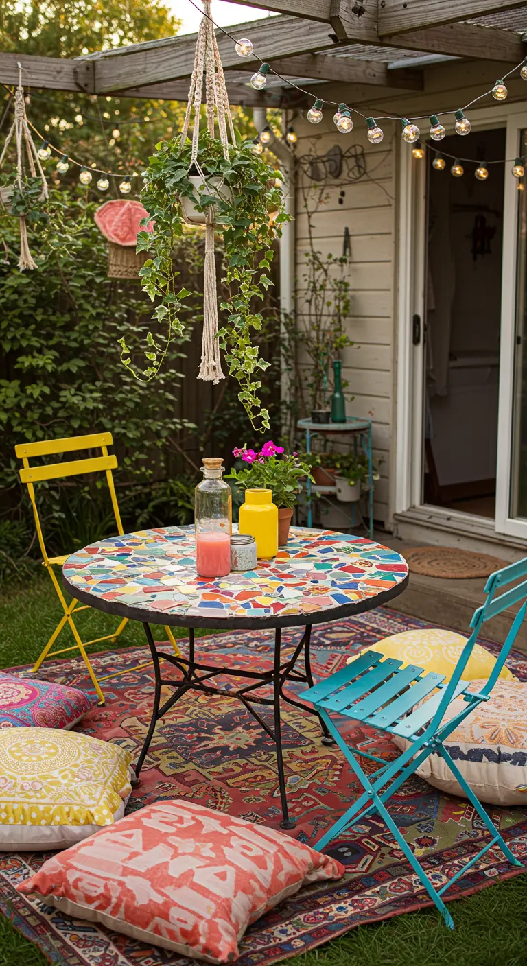 Colorful mosaic bistro table on a patterned rug on the grass with floor cushions.