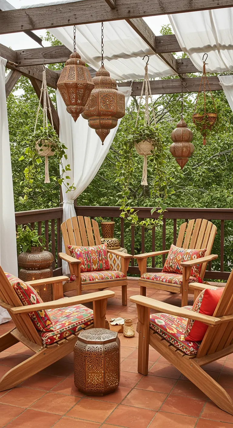 A vibrant bohemian patio with Adirondack chairs, patterned cushions, and Moroccan lanterns.