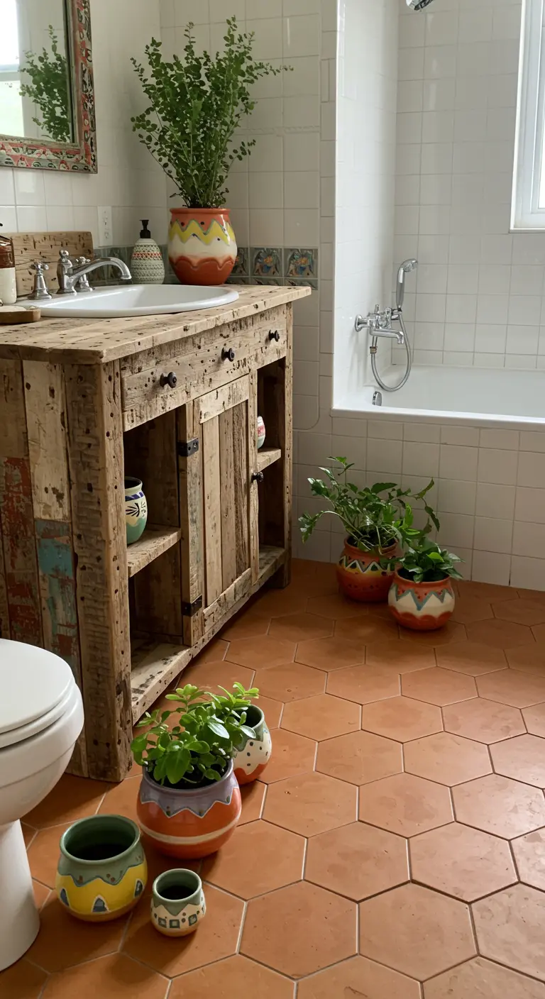 Bathroom with terracotta hexagon tiles, a reclaimed wood vanity, and colorful painted pots.