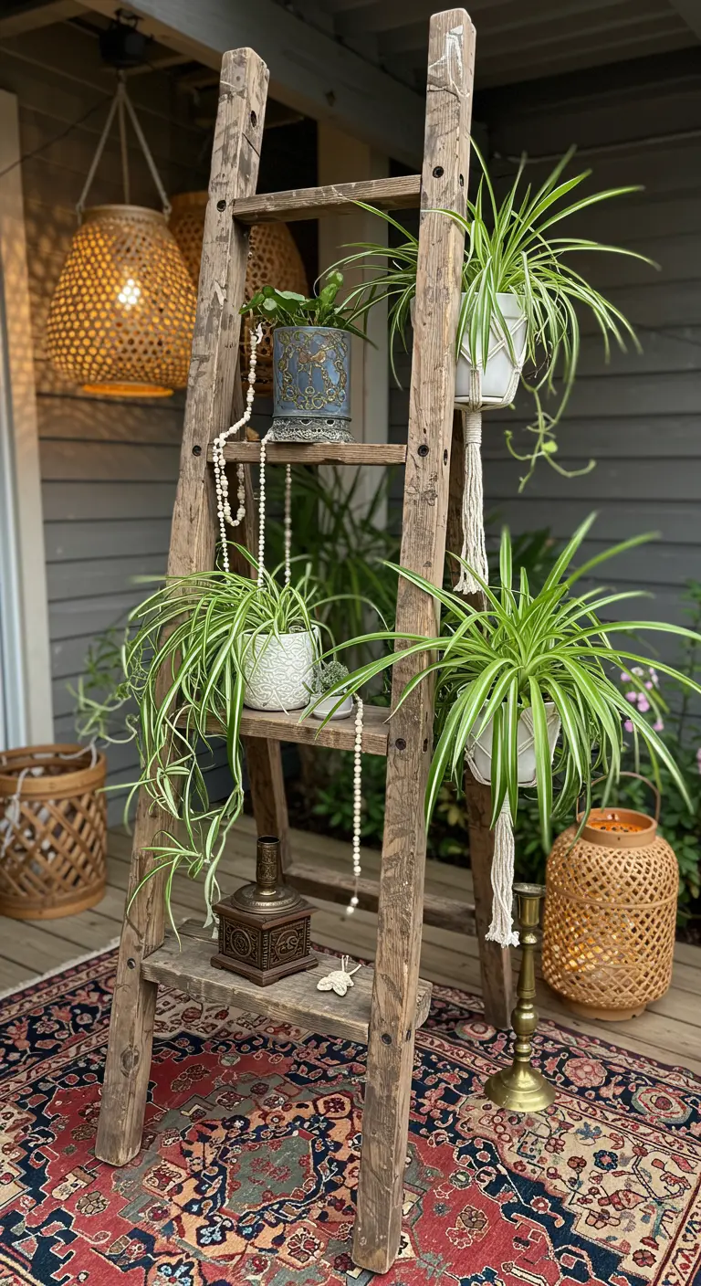 A rustic ladder decorated with cascading spider plants, macrame hangers, and beads on a porch.