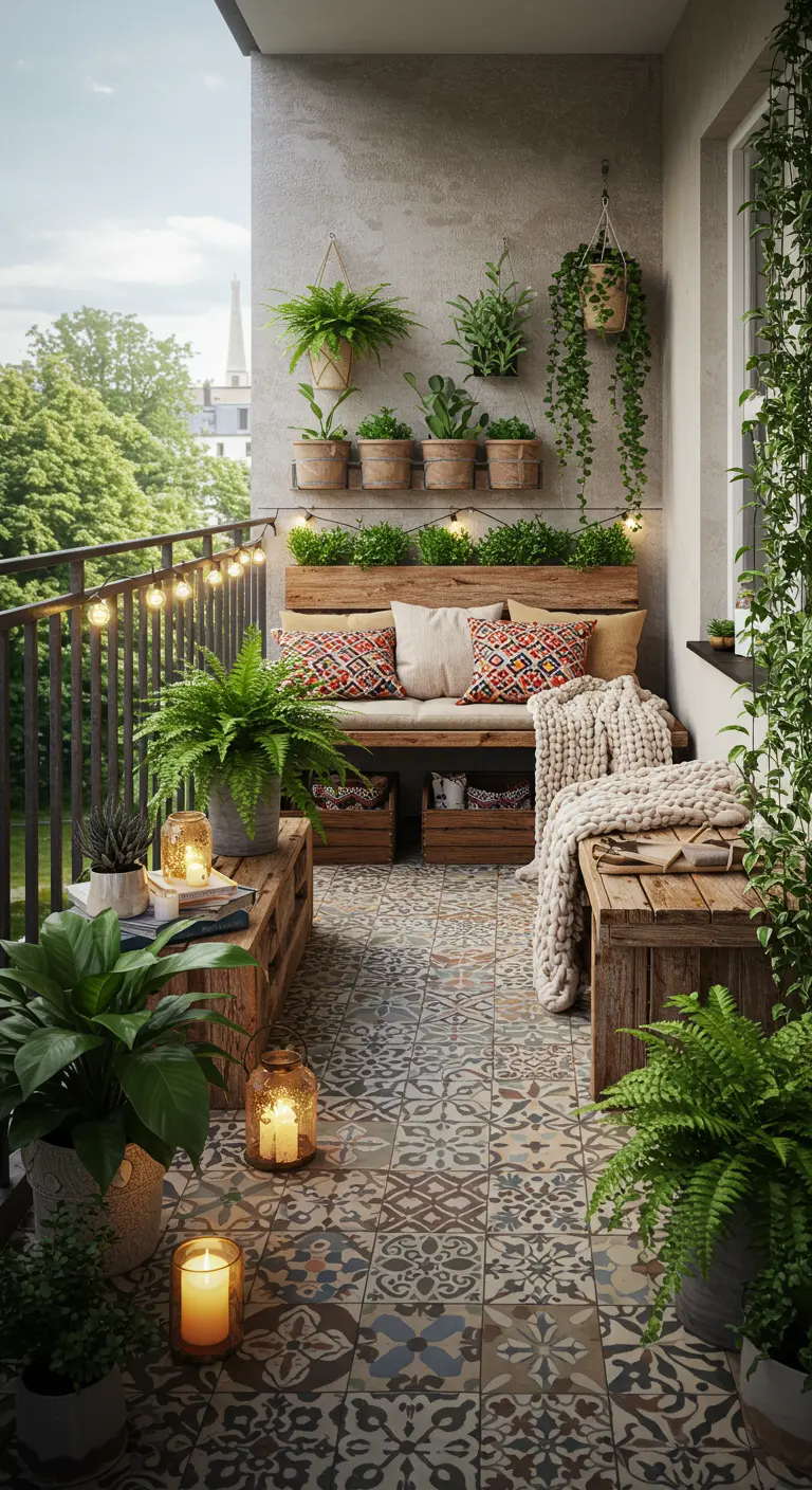 A cozy bohemian balcony with patterned tiles, wooden crate furniture, and abundant green plants.