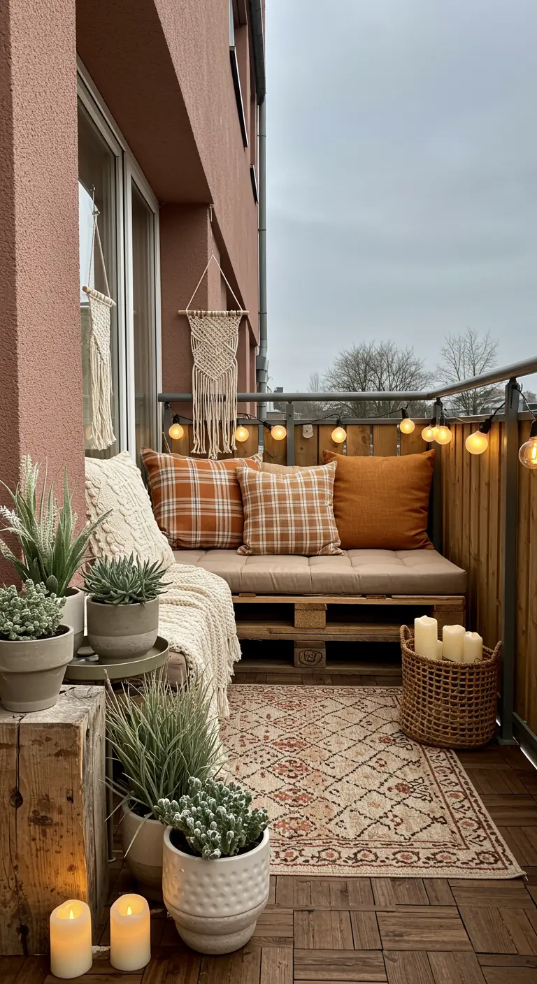 Boho balcony with a pallet bench, orange plaid pillows, a rustic rug, and macrame decor.