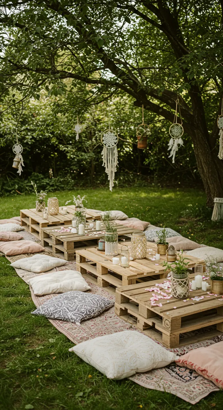 Bohemian outdoor setting with low pallet tables, cushions, rugs, and jars with candles under trees.