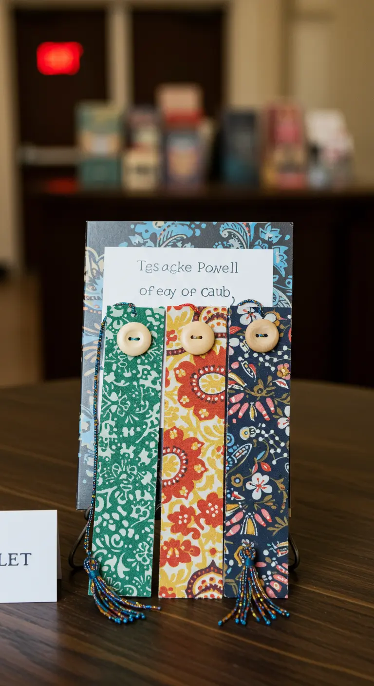 Three colorful fabric bookmarks with button tops and beaded tassels.
