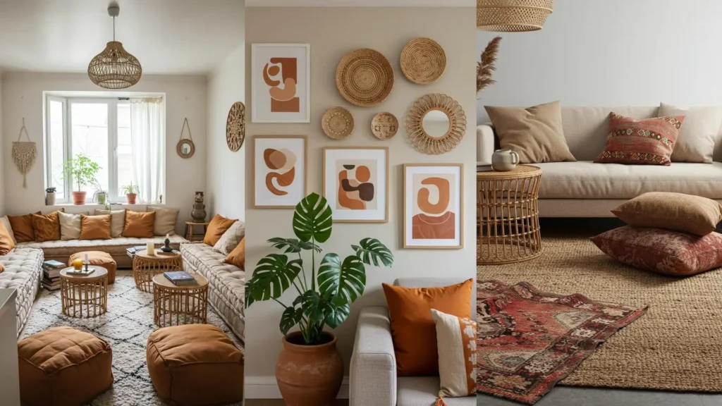 Boho-chic living space in a small rental, featuring rattan furniture, earth tones, and layered textiles.