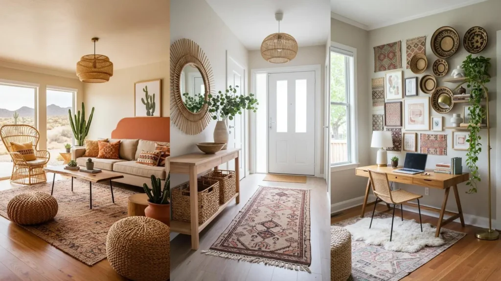 Boho-chic interiors featuring layered textiles, rattan accents, and global-inspired patterns.